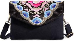 Flowers Embroidered Crossbody Bag for Women Girls, Multi Poc